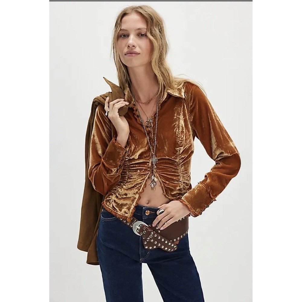 Free People So Julia Velvet Top Amber Ruched Button Cuff NWT S